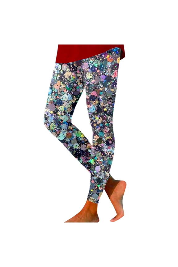 Women's Rave Sequin Printed Leggings Basic Workout Yoga Pants Buttery Smooth Tights 01-Silver XXL