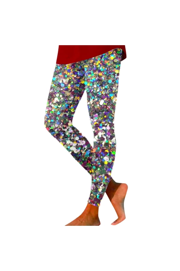 Women's Rave Sequin Printed Leggings Basic Workout Yoga Pants Buttery Smooth Tights 05-Silver L