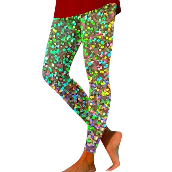 IWRICH Women's Rave Sequin Printed Leggings Basic Workout Yoga Pants Buttery Smooth Tights 08-Green M