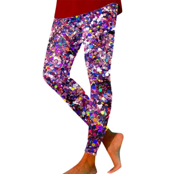 IWRICH Women's Rave Sequin Printed Leggings Basic Workout Yoga Pants Buttery Smooth Tights 10-Purple XL
