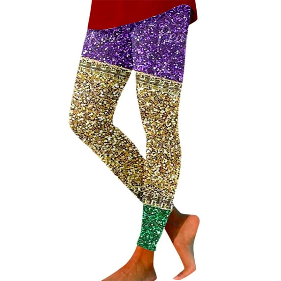 IWRICH Women's Rave Sequin Printed Leggings Basic Workout Yoga Pants Buttery Smooth Tights 12-Purple XL
