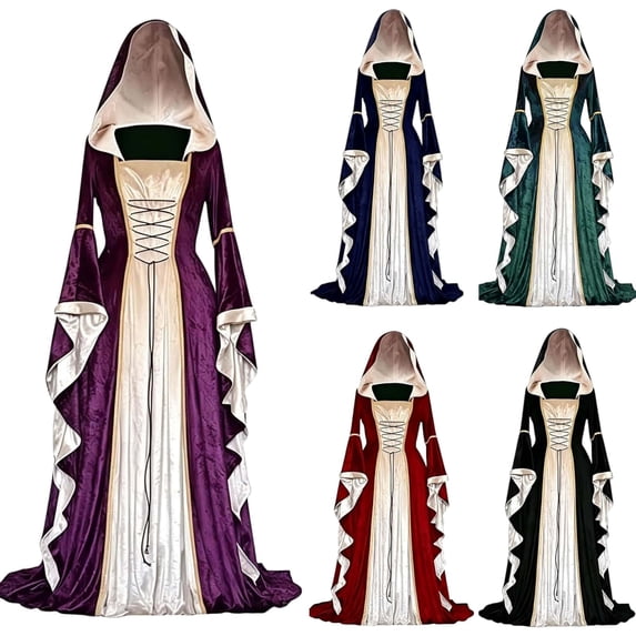IWRICH Women's Renaissance Velvet Dress Halloween Victorian Hooded Gown Dresses Gothic Maxi Dress