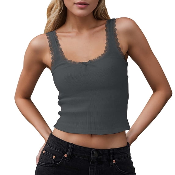IWRICH Women's Ribbed Lace Trim Square Neck Tank Tops Going out Camisole Slim Fit Ribbed Knit Wide Straps Bow Y2k Summer Tops Dark Gray M