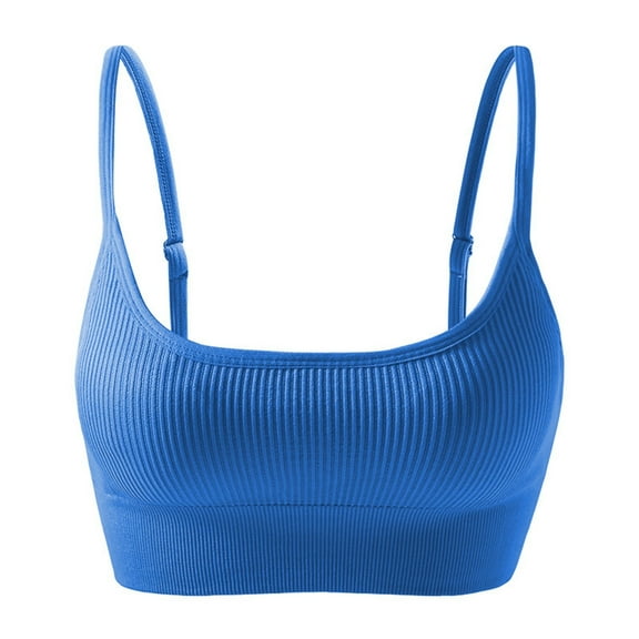 IWRICH Women’s Ribbed Seamless Sports Bra with Strappy Back and Scoop Neck for Yoga and Everyday Wear Blue M