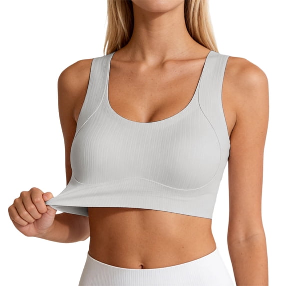 IWRICH Women's Ribbed Seamless Sports Bras Wireless Full Coverage Support Yoga Bra Stretchy Breathable Workout Underwear Daily Wear Grey L