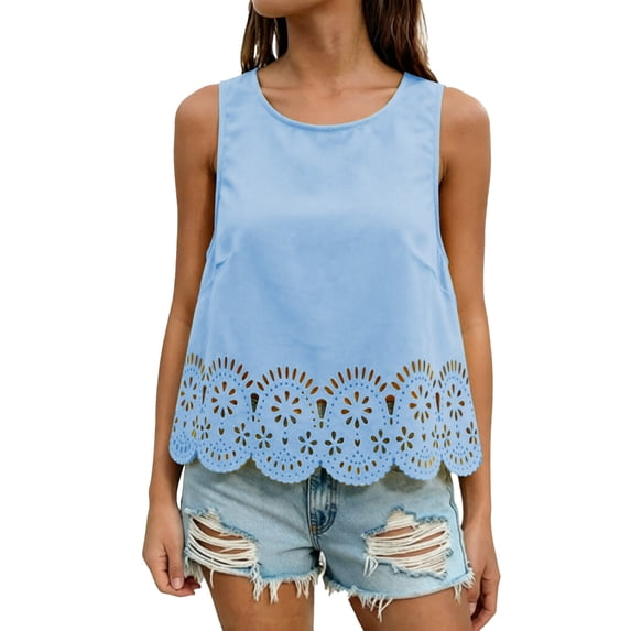 IWRICH Women's Scallop Trim Crop Tank Top Summer Keyhole Back Cropped Sleeveless Blouse Blue XXL