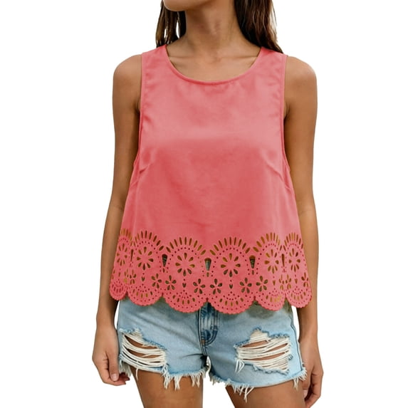 IWRICH Women's Scallop Trim Crop Tank Top Summer Keyhole Back Cropped Sleeveless Blouse Red XS