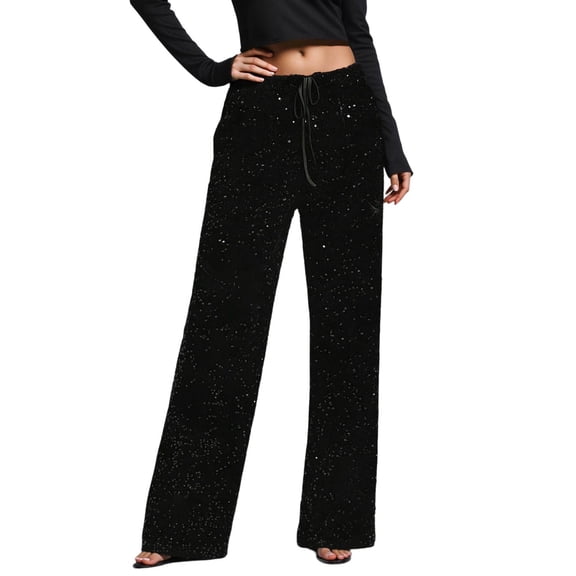IWRICH Women's Sequin Sparkle Wide Leg Pants Casual Drawstring Pants High Waisted Trousers Black S