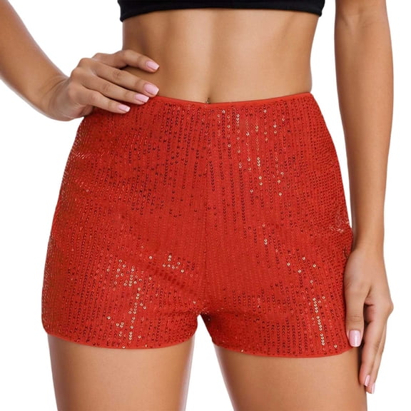IWRICH Women's Sequins Shorts High Waist Elastic Glitter Party Shorts Fashion Hot Pants Red M