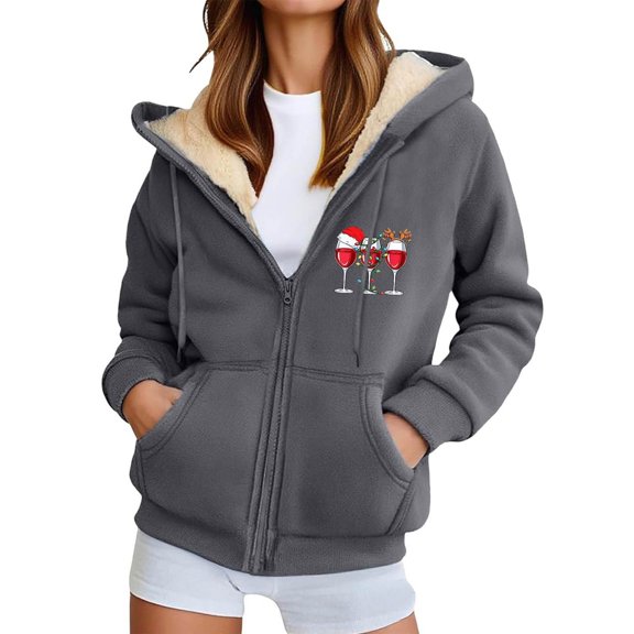 IWRICH Women's Sherpa Christmas Hooded Sweatshirt Fuzzy Full Zip Graphics Hoodies Lined Warm Jackets Trendy Casual Xmas Coats Grey XXXL