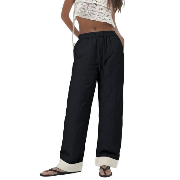 IWRICH Women's Sherpa Lined Pants Quilted Wide Leg Pants Winter Warm Long Pants with Pockets Black M