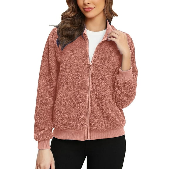 IWRICH Women's Sherpa Jacket Fuzzy Fleece Warm Zip up Comfy Coat Winter Outerwear with Pockets Pink S