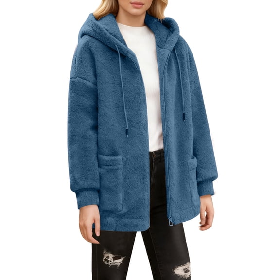 IWRICH Women's Sherpa Jacket Fuzzy Zip up Hoodie Fleece Jackets Fluffy Coat with Pockets Blue L
