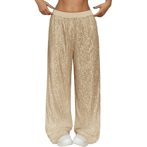 IWRICH Women's Shiny Sequin Wide Leg Pants Elastic Waist Sparkly Baggy Pants for Club Party Beige L