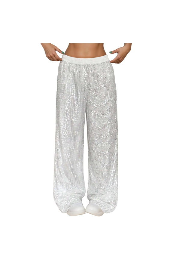 Women's Shiny Sequin Wide Leg Pants Elastic Waist Sparkly Baggy Pants for Club Party Silver L