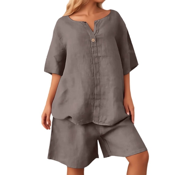 IWRICH Women's Short Sets 2 Piece Outfits Plus Size Linen Short Sleeve Shirts and Shorts Spring Summer Outfits Khaki XXL
