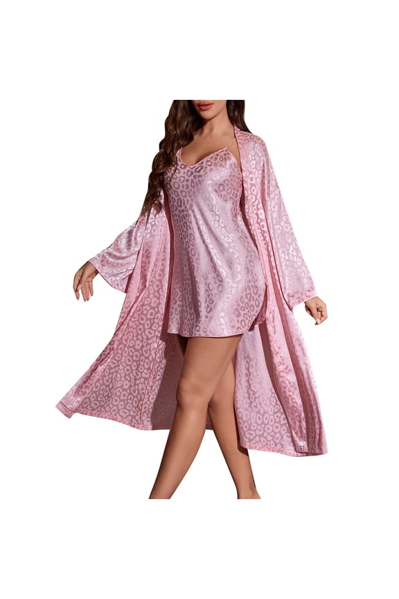 Women's Silk Robe Set V-Neck 2 Piece Bridal Party Robes and Satin Bathrobe Sets Pink M