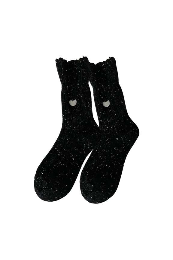 Women's Sneaker Socks Heart Embroidered Wool Sock Ruffle Wool Cotton Warm Slouch Socks Black