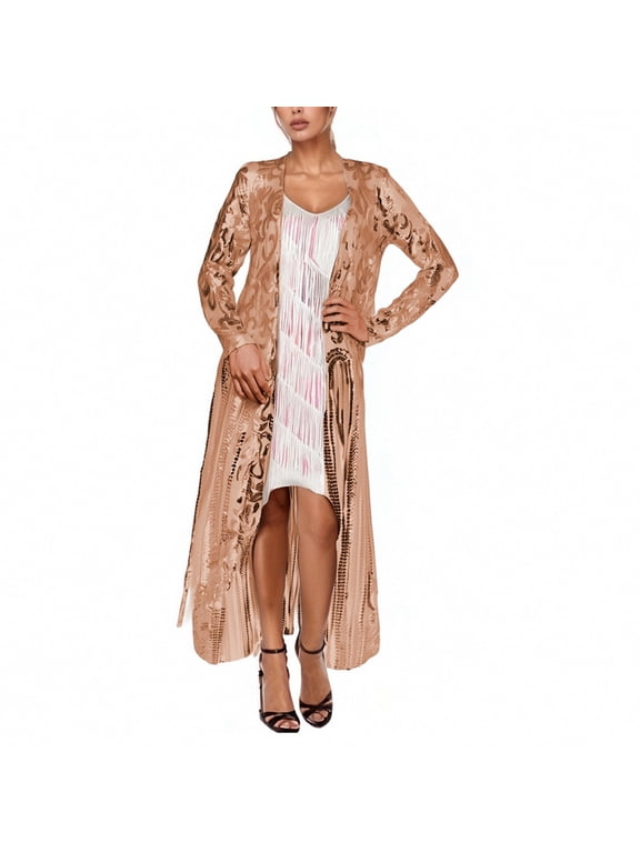Women's Sparkling Sequin 1920s Cover up Loose Open Front Long Sleeve Cardigan Coat Dress for Evening Party Rose Gold L