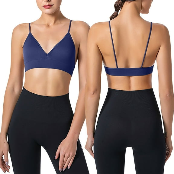 IWRICH Women's Sports Bras Adjustable Deep V Neck Bras Wireless Spaghetti Strap Criss Cross Padded Low Support Bras Blue L