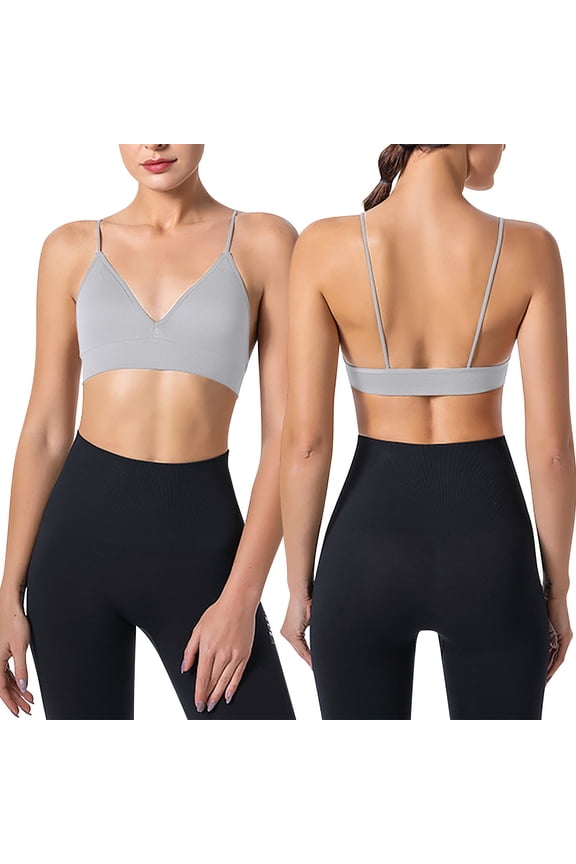 Women's Sports Bras Adjustable Deep V Neck Bras Wireless Spaghetti Strap Criss Cross Padded Low Support Bras Grey L