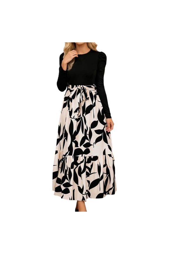 Women's Spring Lace up Dress Long Sleeve Ribbed Business Casual Work Outfits Midi Dress 01-Beige XXL