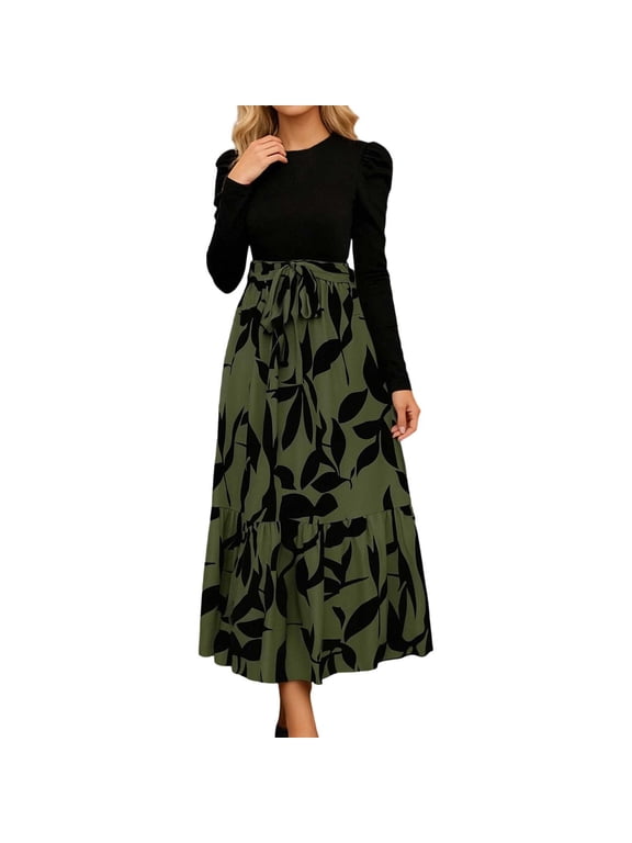Women's Spring Lace up Dress Long Sleeve Ribbed Business Casual Work Outfits Midi Dress 04-Army Green S