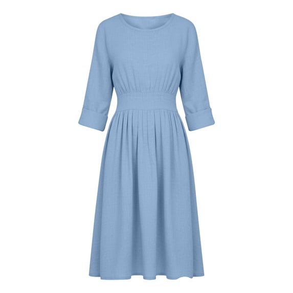 IWRICH Women's Spring Summer Midi Dress Crew Neck Boho Pleated a Line Tiered Flowy Dresses Blue XL