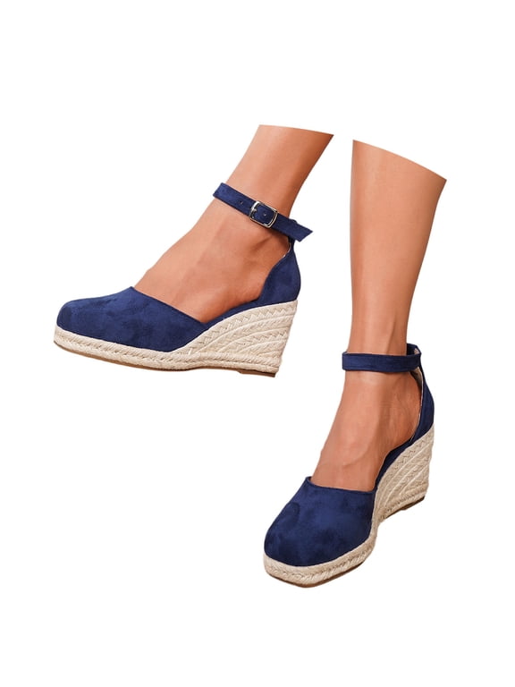 Women's Squared Closed Toe Wedges Espadrilles Sandals Platform Ankle Strap Beach Sandals Blue 5