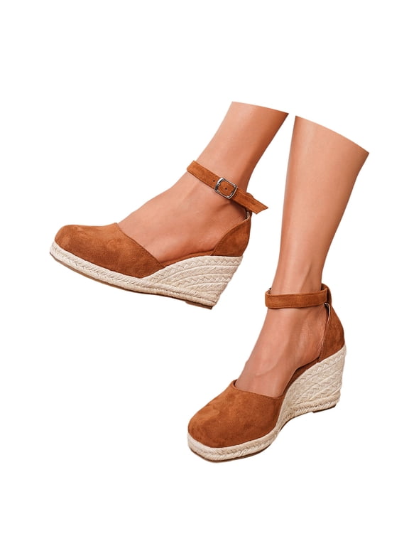 Women's Squared Closed Toe Wedges Espadrilles Sandals Platform Ankle Strap Beach Sandals Brown 5