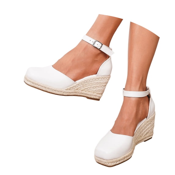 IWRICH Women's Squared Closed Toe Wedges Espadrilles Sandals Platform Ankle Strap Beach Sandals White 6