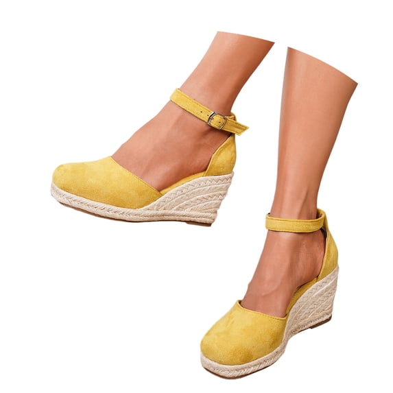 IWRICH Women's Squared Closed Toe Wedges Espadrilles Sandals Platform Ankle Strap Beach Sandals Yellow 9.5