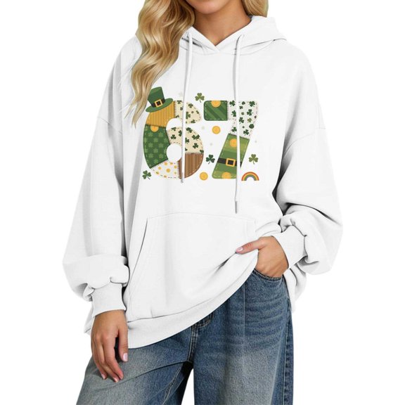 IWRICH Women's St. Patrick's Day 67 Hoodies Funny Shamrock 6 7 Clover Graphic Pullover Tops Casual Fashion Drawstring Hooded Sweatshirts White XL