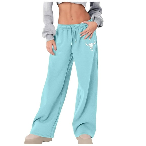 IWRICH Women's Straight Wide Leg Sweatpants Causal Drawstring High Waist Baggy Pants with Pockets Light Blue S