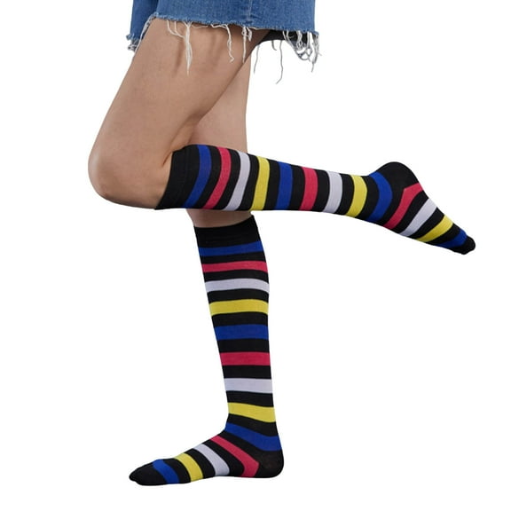 IWRICH Women's Striped Knee High Socks Funny Novelty Athletic Colorful Stripe Cute Stockings Tube Socks Black