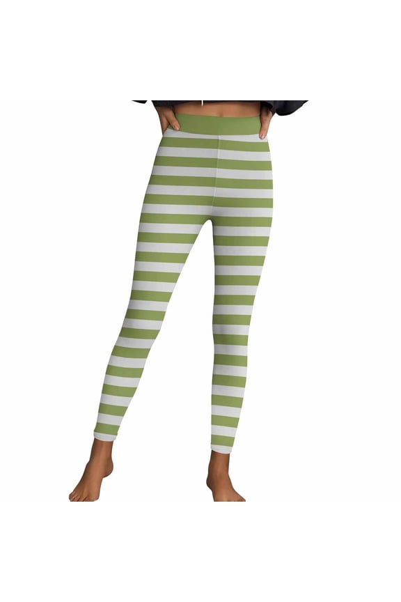 Women's Striped Tights High Waisted Ankle Length Leggings Stretchy Soft Running Yoga Pants Green L