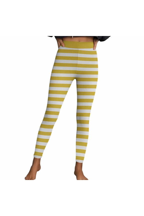 Women's Striped Tights High Waisted Ankle Length Leggings Stretchy Soft Running Yoga Pants Yellow XL