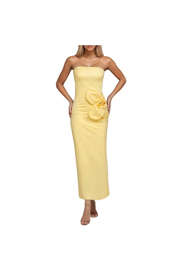 Women's Summer Strapless Bodycon Maxi Dresses Backless Floral Party Long High Slit Pencil Dresses Yellow S