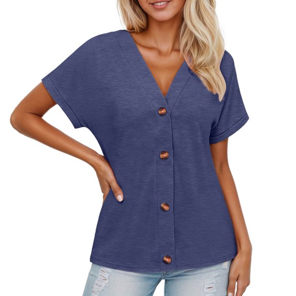 IWRICH Women's Summer Tops Short Sleeve Button down Shirts Casual V Neck T Shirts Trendy Tunic Tops Navy S