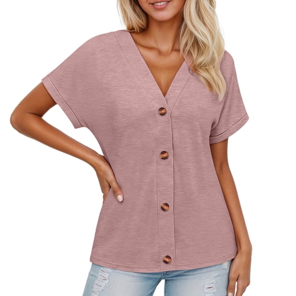IWRICH Women's Summer Tops Short Sleeve Button down Shirts Casual V Neck T Shirts Trendy Tunic Tops Pink S