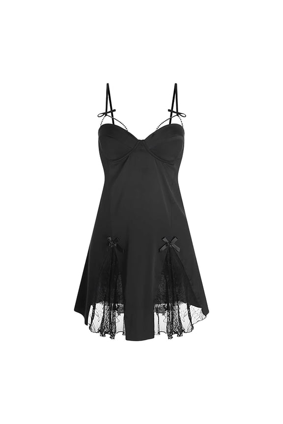 Women's Sweet Backless Lace Patchwork Nightgown Deep V Lingerie Camisole Pajamas Dress Black M