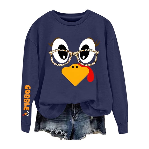 IWRICH Women's Thanksgiving Turkey Print Funny Gobble Turkey Sweatshirt Crew Neck Casual Fashion Tee Shirts Navy M