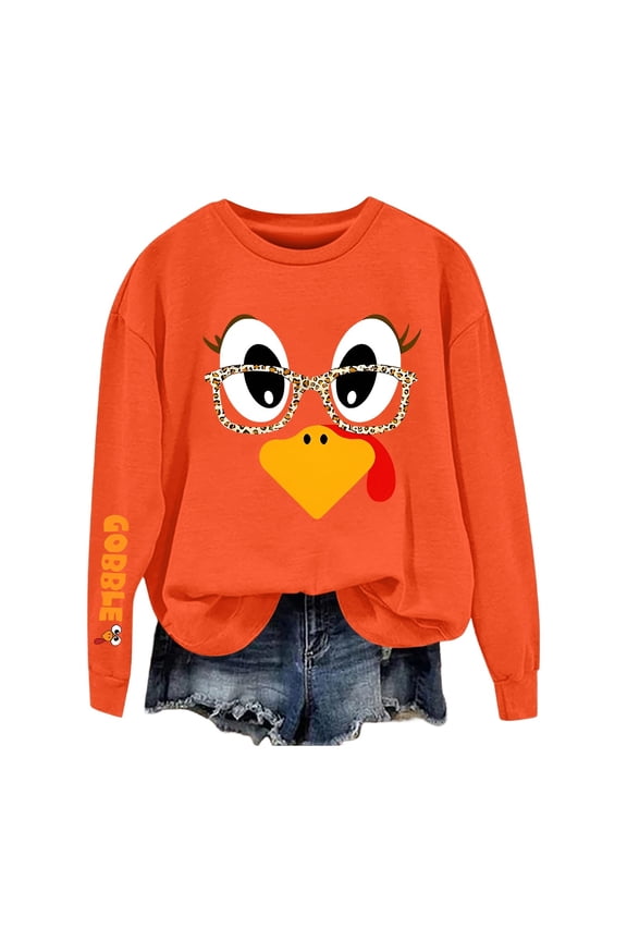Women's Thanksgiving Turkey Print Funny Gobble Turkey Sweatshirt Crew Neck Casual Fashion Tee Shirts Orange L