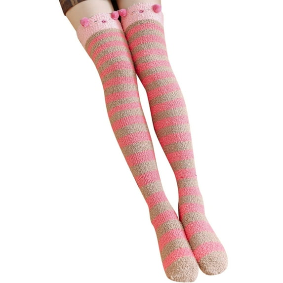 IWRICH Women's Thigh High Fuzzy Socks Cute over the Knee Stockings Winter Warm Stripe Leg Warmers S