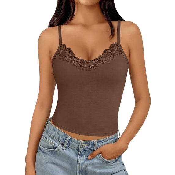 IWRICH Women's V Neck Lace Cami Tank Tops Fitted Sleeveless Crop Spaghetti Strap Summer Tops Basic Undershirts Brown M