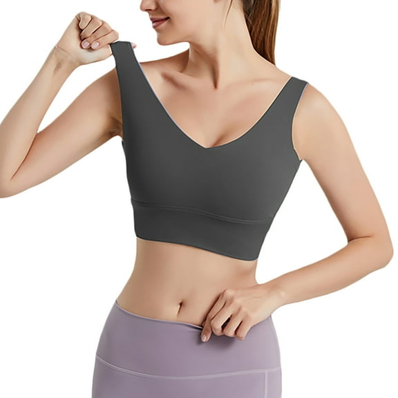 IWRICH Women's V-Neck Longline Sports Bra Wireless U-Shaped Open Back Yoga Low Impact Padded Crop Top Grey XL