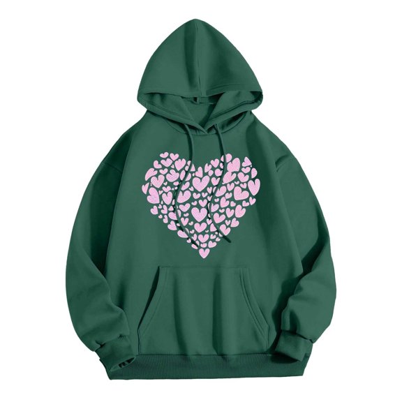 IWRICH Women's Valentine's Day Oversized Casual Sweatshirt Fashion Drawstring Holiday Hoodies Classic Heart Printed Pullover Tops Dark Green XL