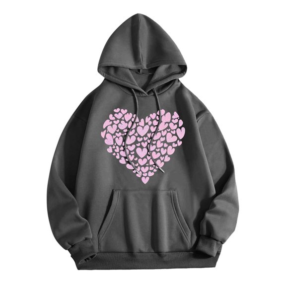IWRICH Women's Valentine's Day Oversized Casual Sweatshirt Fashion Drawstring Holiday Hoodies Classic Heart Printed Pullover Tops Grey XL