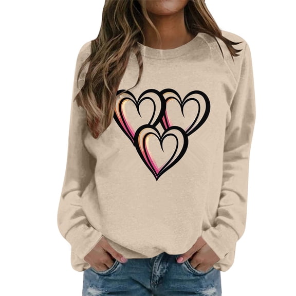 IWRICH Women's Valentine's Sweatshirt Tops Love Heart Graphic Printed T Shirt Casual Long Sleeve Crew Neck Pullover Tops Beige S