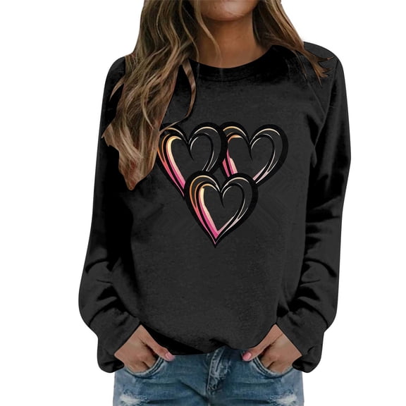 IWRICH Women's Valentine's Sweatshirt Tops Love Heart Graphic Printed T Shirt Casual Long Sleeve Crew Neck Pullover Tops Black L